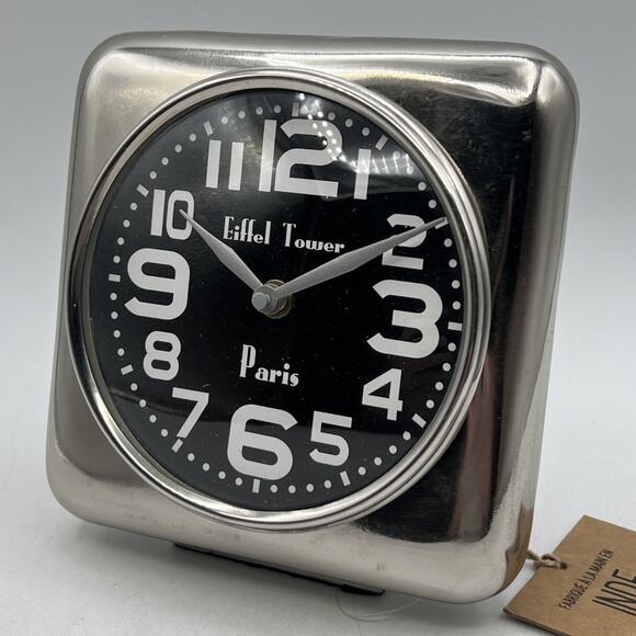 Vintage Metal Chrome Square Bubble Glass Desk Clock 6" Eiffel Tower Battery NEW - Picture 1 of 8